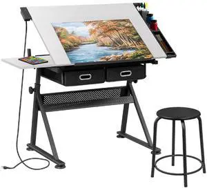Adjustable Drafting Table Set with Charging Station, Tilting Drawing Desk Artist Desk with Stool Multifunctional Art Craft Workstation with 2 Storage Drawers, White Adjustable Drafting Table Set with Charging Station, Tilting Drawing Desk Artist Desk with Stool Multifunctional Art Craft Workstation with 2 Storage Drawers, White
