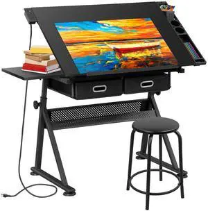 Adjustable Drafting Table Set with Charging Station, Art Table for Adults, Artist Table with Stool Multifunctional Craft Workstation with 2 Storage Drawers for Home Office School Adjustable Drafting Table Set with Charging Station, Art Table for Adults, Artist Table with Stool Multifunctional Craft Workstation with 2 Storage Drawers for Home Office School