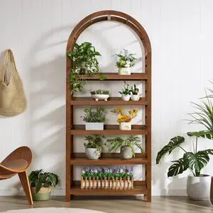 5-Tier Solid Wood Open Bookcase, Modern Arched Bookshelf, Home Office Shelf Storage Organizer, Storage Display Rack Shelf for Living Room (Walnut) 5-Tier Solid Wood Open Bookcase, Modern Arched Bookshelf, Home Office Shelf Storage Organizer, Storage Display Rack Shelf for Living Room (Walnut)