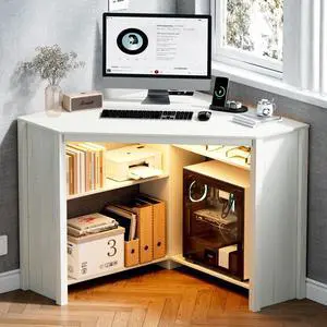 Corner Desk with Charging Station and LED Lights, White | Triangle gaming computer desk for home office, Features space saving storage shelves, CPU stand, and smart LED light Corner Desk with Charging Station and LED Lights, White | Triangle gaming computer desk for home office, Features space saving storage shelves, CPU stand, and smart LED light