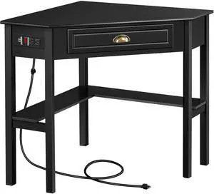 L Shaped Computer Desk Corner Table with Charging Station Outlets for Small Space, 90 Degree Triangle Desk Home Office Table with Drawer and Storage Shelf for Workstation, Living Room, Black L Shaped Computer Desk Corner Table with Charging Station Outlets for Small Space, 90 Degree Triangle Desk Home Office Table with Drawer and Storage Shelf for Workstation, Living Room, Black