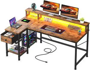 48" L- Shaped Computer Desk with LED Light and Power Outlet, Reversible Home Office Desk With Drawer and Shelf, Gaming Desk with Monitor Stand for Gamer, Student, Bedroom, Small Space, Brown 48" L- Shaped Computer Desk with LED Light and Power Outlet, Reversible Home Office Desk With Drawer and Shelf, Gaming Desk with Monitor Stand for Gamer, Student, Bedroom, Small Space, Brown