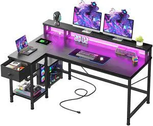 48" L- Shaped Gaming Desk with LED Lights & Power Outlet,Gaming Desk with Monitor Stand for Gamer,Home Office Desk with Drawer for Student Study Room,Bedroom,Small Working Room,Black 48" L- Shaped Gaming Desk with LED Lights & Power Outlet,Gaming Desk with Monitor Stand for Gamer,Home Office Desk with Drawer for Student Study Room,Bedroom,Small Working Room,Black