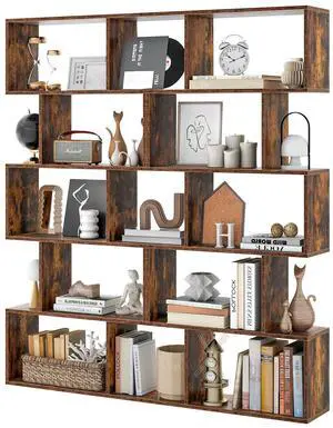 5-Tier Geometric Bookshelf Set of 2, 62.5" Tall Wood Industrial S-Shaped Bookcase with Anti-Tipping Device, Floor Standing Display Shelf for Bedroom, Living Room, Study, Rustic Brown 5-Tier Geometric Bookshelf Set of 2, 62.5" Tall Wood Industrial S-Shaped Bookcase with Anti-Tipping Device, Floor Standing Display Shelf for Bedroom, Living Room, Study, Rustic Brown