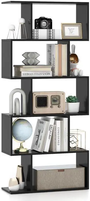 5-Tier Geometric Bookshelf Black, 62.5" Tall Wood S-Shaped Bookcase with Anti-Tipping Device, Floor Standing Display Shelf for Bedroom, Living Room, Study 5-Tier Geometric Bookshelf Black, 62.5" Tall Wood S-Shaped Bookcase with Anti-Tipping Device, Floor Standing Display Shelf for Bedroom, Living Room, Study