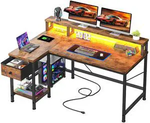 40" L- Shaped Computer Desk with LED Lights & Power Outlet,Gaming Desk with Monitor Stand for Gamer,Home Office Desk with Drawer for Student Study Room,Bedroom,Small Working Room,Brown 40" L- Shaped Computer Desk with LED Lights & Power Outlet,Gaming Desk with Monitor Stand for Gamer,Home Office Desk with Drawer for Student Study Room,Bedroom,Small Working Room,Brown