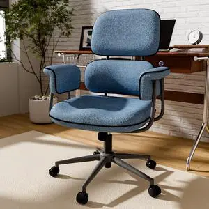 Blue Office Chair, Memory Foam Seat Mid Century Modern Desk Chair | 3.9" Sloped U-Shaped Memory Foam Cushion, Granular Linen Fabric, Lumbar Support, 1.2mm Sturdy Metal Tube, 400LBS Capacity Blue Office Chair, Memory Foam Seat Mid Century Modern Desk Chair | 3.9" Sloped U-Shaped Memory Foam Cushion, Granular Linen Fabric, Lumbar Support, 1.2mm Sturdy Metal Tube, 400LBS Capacity