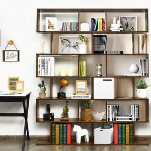 6 Tier S Shaped Bookshelf, 31.5''L x 9''W x 75''H, Wooden Bookcase and Bookshelves w/Anti-Toppling Device, Room Divider Display Shelves for Living Room, Home Decor, 6 Shelf Bookshelf 6 Tier S Shaped Bookshelf, 31.5''L x 9''W x 75''H, Wooden Bookcase and Bookshelves w/Anti-Toppling Device, Room Divider Display Shelves for Living Room, Home Decor, 6 Shelf Bookshelf