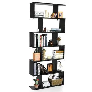 6 Tier S Shaped Bookshelf, 31.5''L x 9''W x 75''H, Wooden Bookcase and Bookshelves w/Anti-Toppling Device, Room Divider Display Shelves for Living Room, Home Decor, 6 Shelf Bookshelf 6 Tier S Shaped Bookshelf, 31.5''L x 9''W x 75''H, Wooden Bookcase and Bookshelves w/Anti-Toppling Device, Room Divider Display Shelves for Living Room, Home Decor, 6 Shelf Bookshelf