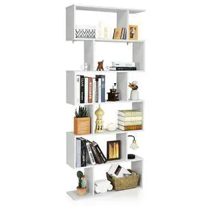 6 Tier S Shaped Bookshelf, 31.5''L x 9''W x 75''H, Wooden Bookcase and Bookshelves w/Anti-Toppling Device, Room Divider Display Shelves for Living Room, Home Decor, 6 Shelf Bookshelf 6 Tier S Shaped Bookshelf, 31.5''L x 9''W x 75''H, Wooden Bookcase and Bookshelves w/Anti-Toppling Device, Room Divider Display Shelves for Living Room, Home Decor, 6 Shelf Bookshelf