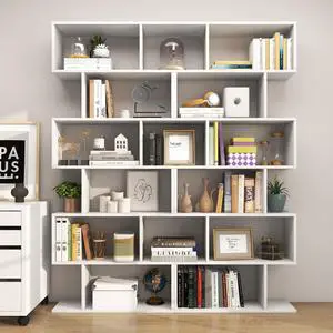 6 Tier S Shaped Bookshelf, 31.5''L x 9''W x 75''H, Wooden Bookcase and Bookshelves w/Anti-Toppling Device, Room Divider Display Shelves for Living Room, Home Decor, 6 Shelf Bookshelf 6 Tier S Shaped Bookshelf, 31.5''L x 9''W x 75''H, Wooden Bookcase and Bookshelves w/Anti-Toppling Device, Room Divider Display Shelves for Living Room, Home Decor, 6 Shelf Bookshelf