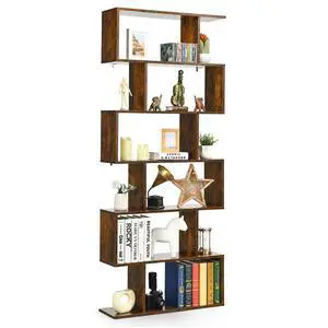 6 Tier S Shaped Bookshelf, 31.5''L x 9''W x 75''H, Wooden Bookcase and Bookshelves w/Anti-Toppling Device, Room Divider Display Shelves for Living Room, Home Decor, 6 Shelf Bookshelf 6 Tier S Shaped Bookshelf, 31.5''L x 9''W x 75''H, Wooden Bookcase and Bookshelves w/Anti-Toppling Device, Room Divider Display Shelves for Living Room, Home Decor, 6 Shelf Bookshelf