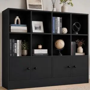 Black Wood Bookcase, 12 Cube Display Shelf with 4 Doors, 3 Tier Open Bookshelf with Adjustable Shelves for Living Room, Home Office, Entryway Black Wood Bookcase, 12 Cube Display Shelf with 4 Doors, 3 Tier Open Bookshelf with Adjustable Shelves for Living Room, Home Office, Entryway