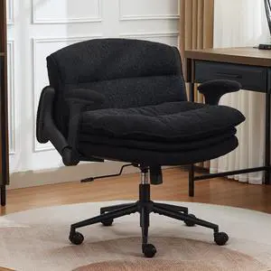 Criss Cross Chair with Flip-up Arms, Wide Criss Legged Chair with 3 Layer Cushion, Ergonomic Office Desk Chair with Wheels, Swivel Vanity Chair for Office, Living Room, Bedroom, Boucle Black Criss Cross Chair with Flip-up Arms, Wide Criss Legged Chair with 3 Layer Cushion, Ergonomic Office Desk Chair with Wheels, Swivel Vanity Chair for Office, Living Room, Bedroom, Boucle Black