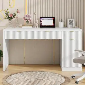 60" Executive Desk with Fluted Drawers, Wood Home Office Desk with Storage Cabinet, Fluted Reversible Computer Writing Desk for Study, Living Room, Cream White 60" Executive Desk with Fluted Drawers, Wood Home Office Desk with Storage Cabinet, Fluted Reversible Computer Writing Desk for Study, Living Room, Cream White