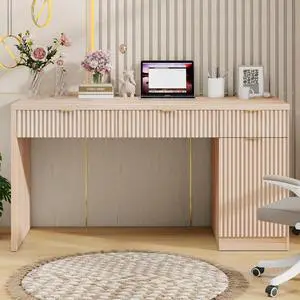 60" Executive Desk with Fluted Drawers, Wood Home Office Desk with Storage Cabinet, Fluted Reversible Computer Writing Desk for Study, Living Room, Oak 60" Executive Desk with Fluted Drawers, Wood Home Office Desk with Storage Cabinet, Fluted Reversible Computer Writing Desk for Study, Living Room, Oak