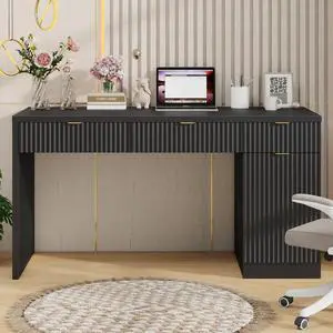 60" Executive Desk with Fluted Drawers, Wood Home Office Desk with Storage Cabinet, Fluted Reversible Computer Writing Desk for Study, Living Room, Pure Black 60" Executive Desk with Fluted Drawers, Wood Home Office Desk with Storage Cabinet, Fluted Reversible Computer Writing Desk for Study, Living Room, Pure Black