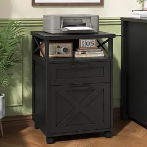 Farmhouse Filing Cabinet with Open Storage Space & Wheels, Office Filing Vertical Cabinet with 2 Drawers, Printer Stand for Hanging Files Letter/A4, Under Desk Storage Cabinets for Home Office.Grey Farmhouse Filing Cabinet with Open Storage Space & Wheels, Office Filing Vertical Cabinet with 2 Drawers, Printer Stand for Hanging Files Letter/A4, Under Desk Storage Cabinets for Home Office.Grey