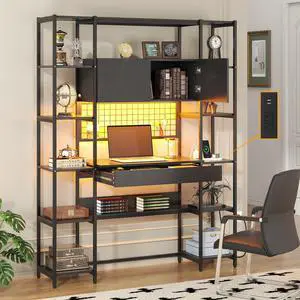 5 Tiers Black Bookshelf with Home Office Desk and RGB Lights and Power Outlet, 71.1" Tall Book Shelf with Drawer & Storage Cabinet & 12 Storage Shelves, Large Bookcase with 2 Doors, Black 5 Tiers Black Bookshelf with Home Office Desk and RGB Lights and Power Outlet, 71.1" Tall Book Shelf with Drawer & Storage Cabinet & 12 Storage Shelves, Large Bookcase with 2 Doors, Black