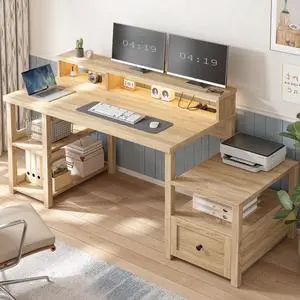 60.4" Farmhouse Computer Desk with Printer Shelf & Power Outlet, Home Office Desk with LED Light, Drawer, Monitor Stand, Study Desk, Work Desk for Home, Bedroom, Natural Oak Finish 60.4" Farmhouse Computer Desk with Printer Shelf & Power Outlet, Home Office Desk with LED Light, Drawer, Monitor Stand, Study Desk, Work Desk for Home, Bedroom, Natural Oak Finish
