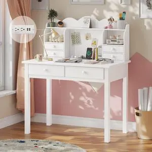 Small White Writing Desk with Hutch and USB Ports, 31.5 inch Home Office Desk with Drawers, Study Table for Kids/Student, Makeup Dressing Table Save Space Gifts Small White Writing Desk with Hutch and USB Ports, 31.5 inch Home Office Desk with Drawers, Study Table for Kids/Student, Makeup Dressing Table Save Space Gifts