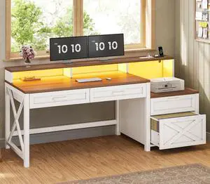Farmhouse Home Office Desk with File Drawer & Power Outlet, Computer Desk with 4 Drawer, Storage Shelves, Printer Cabinet and Monitor Shelf, Gaming Desk with Led Lights, White Brown Farmhouse Home Office Desk with File Drawer & Power Outlet, Computer Desk with 4 Drawer, Storage Shelves, Printer Cabinet and Monitor Shelf, Gaming Desk with Led Lights, White Brown