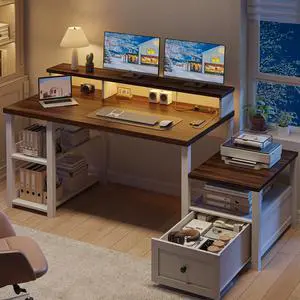 60.4" Home Office Desk with Power Outlet & Printer Shelf, Computer Desk with LED Light, Monitor Stand, Drawer & Storage Shelves, Farmhouse Study Desk for Bedroom & Dorm, White 60.4" Home Office Desk with Power Outlet & Printer Shelf, Computer Desk with LED Light, Monitor Stand, Drawer & Storage Shelves, Farmhouse Study Desk for Bedroom & Dorm, White