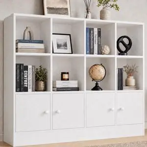 White Wood Bookcase, 12 Cube Display Shelf with 4 Doors, 3 Tier Open Bookshelf with Adjustable Shelves for Living Room, Home Office, Entryway White Wood Bookcase, 12 Cube Display Shelf with 4 Doors, 3 Tier Open Bookshelf with Adjustable Shelves for Living Room, Home Office, Entryway