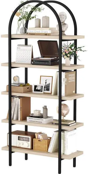 Bookshelf 5 Tier Arched Bookcase, 74" Tall Industrial Open Book Shelves for Living Room, Modern Freestanding Display Shelving Storage Rack with Metal Frame, Office, Bedroom, Natural Wood Color Bookshelf 5 Tier Arched Bookcase, 74" Tall Industrial Open Book Shelves for Living Room, Modern Freestanding Display Shelving Storage Rack with Metal Frame, Office, Bedroom, Natural Wood Color