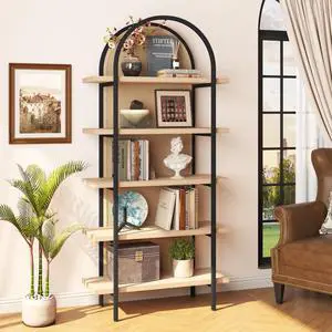 Bookshelf Rattan 5 Tier Arched Bookcase, 74" Tall Industrial Open Book Shelves for Living Room, Modern Freestanding Display Shelving Boho Storage Rack with Metal Frame for Office, Brown Bookshelf Rattan 5 Tier Arched Bookcase, 74" Tall Industrial Open Book Shelves for Living Room, Modern Freestanding Display Shelving Boho Storage Rack with Metal Frame for Office, Brown