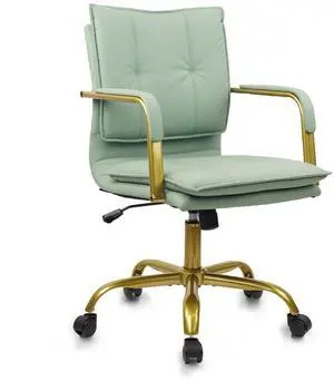 Leather Home Office Desk Chairs, Swivel Mid-Back Computer Chair with Golden Legs and Arms, Comfy Upholstered Task Chair with Wheels, Green Leather Home Office Desk Chairs, Swivel Mid-Back Computer Chair with Golden Legs and Arms, Comfy Upholstered Task Chair with Wheels, Green