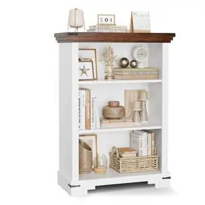 3-Tier Farmhouse Bookshelf, Book Shelf with Open Storage & One Adjustable Shelf, 9.8" D x 26" W x 38" H, Wooden Bookshelf for Study Room, Living Room, Kitchen, Bedroom (White) 3-Tier Farmhouse Bookshelf, Book Shelf with Open Storage & One Adjustable Shelf, 9.8" D x 26" W x 38" H, Wooden Bookshelf for Study Room, Living Room, Kitchen, Bedroom (White)