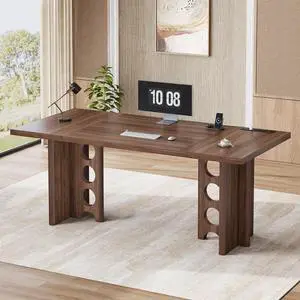 63 Inch Executive Desk with Power Outlet, Modern Computer Office Desks, Large Laptop Desk Writing Table Workstation Business Furniture for Home Office, Brown 63 Inch Executive Desk with Power Outlet, Modern Computer Office Desks, Large Laptop Desk Writing Table Workstation Business Furniture for Home Office, Brown