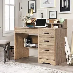 Computer Desk with 4 Drawers and Hutch, Wood Executive Desks with File Drawer and Shelves, Small Desk Study Table for Bedroom, Student Teen Writing Laptop Table, Grey Computer Desk with 4 Drawers and Hutch, Wood Executive Desks with File Drawer and Shelves, Small Desk Study Table for Bedroom, Student Teen Writing Laptop Table, Grey