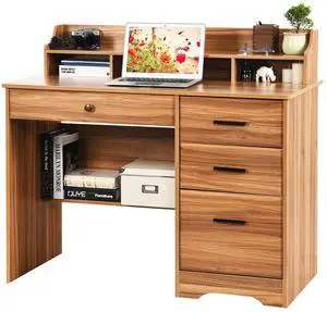 Computer Desk with 4 Drawers and Hutch, Home Office Desk with File Drawer, 44 Rustic Oak Wood Desk, Study Table for Bedroom, Rustic Oak Computer Desk with 4 Drawers and Hutch, Home Office Desk with File Drawer, 44 Rustic Oak Wood Desk, Study Table for Bedroom, Rustic Oak