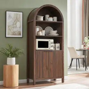 Arched Cabinet Bookshelf Bookcase - 71 Tall Mid Century Arched Display Cabinets, Rounded Bookshelf with Fluted Doors, Open Shelf Storage Cabinet for Dining Room (Walnut) Arched Cabinet Bookshelf Bookcase - 71 Tall Mid Century Arched Display Cabinets, Rounded Bookshelf with Fluted Doors, Open Shelf Storage Cabinet for Dining Room (Walnut)