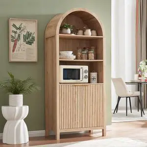 Arched Cabinet Bookshelf Bookcase - 71 Tall Mid Century Arched Display Cabinets, Rounded Bookshelf with Fluted Doors, Open Shelf Storage Cabinet for Dining Room (Natural) Arched Cabinet Bookshelf Bookcase - 71 Tall Mid Century Arched Display Cabinets, Rounded Bookshelf with Fluted Doors, Open Shelf Storage Cabinet for Dining Room (Natural)