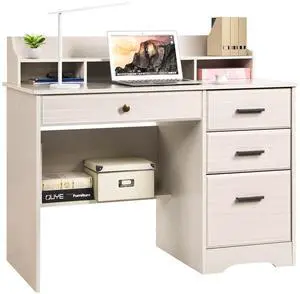 Computer Desk with Drawers and Hutch, Farmhouse Home Office Desk, Wood Student Desk with File Drawer for Bedroom, Writing Table for Small Space, Warm White Computer Desk with Drawers and Hutch, Farmhouse Home Office Desk, Wood Student Desk with File Drawer for Bedroom, Writing Table for Small Space, Warm White