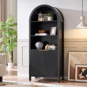Arched Cabinet Bookshelf Bookcase - 71 Tall Mid Century Arched Display Cabinets, Rounded Bookshelf with Fluted Doors, Open Shelf Storage Cabinet for Dining Room (Black) Arched Cabinet Bookshelf Bookcase - 71 Tall Mid Century Arched Display Cabinets, Rounded Bookshelf with Fluted Doors, Open Shelf Storage Cabinet for Dining Room (Black)