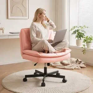 Criss Cross Chair with Wheels,Cross Legged Office Chair with 2 Layer Cushion,Wide Seat,Leather,Amless, for Home,Office,Make Up,Vanity,Bed Room,Pink Criss Cross Chair with Wheels,Cross Legged Office Chair with 2 Layer Cushion,Wide Seat,Leather,Amless, for Home,Office,Make Up,Vanity,Bed Room,Pink