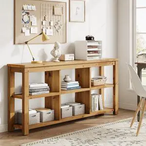 Solid Wood Horizontal Bookcase with Adjustable Shelves, 6 Cubes Storage Organizer Long Bookshelf, Farmhouse Low Cubby Bookcase for Living Room, Home Office, 63 Inches Solid Wood Horizontal Bookcase with Adjustable Shelves, 6 Cubes Storage Organizer Long Bookshelf, Farmhouse Low Cubby Bookcase for Living Room, Home Office, 63 Inches