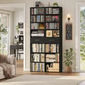 73" Tall Bookshelf with Drawers, 7-Tier Black Bookshelf with Storage, Double Wide Bookcase with 14 Open Book Shelves, Wood Book Case with Adjustable Shelves for Media CD DVD Storage, Black 73" Tall Bookshelf with Drawers, 7-Tier Black Bookshelf with Storage, Double Wide Bookcase with 14 Open Book Shelves, Wood Book Case with Adjustable Shelves for Media CD DVD Storage, Black