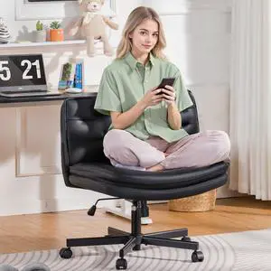 Criss Cross Legged Office Chair with Wheels, Extra Wide Armless Comfy Desk Chair for Home Bedroom, 2 Layer Cushion Large Seat & Back Support X-Legged Chair, Black PU Leather Adjustable Height Criss Cross Legged Office Chair with Wheels, Extra Wide Armless Comfy Desk Chair for Home Bedroom, 2 Layer Cushion Large Seat & Back Support X-Legged Chair, Black PU Leather Adjustable Height
