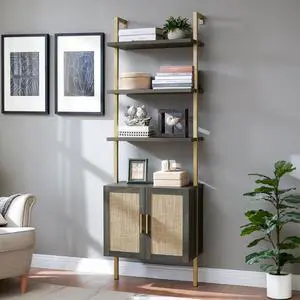 5 Tier Book Shelf, 73" Tall Bookshelf with Storage, Modern Bookcase with Shelves, Wall Mount Ladder Shelf with Steel Frame, Bookshelves with Rattan Cabinet for Living Room (Midnight Oak) 5 Tier Book Shelf, 73" Tall Bookshelf with Storage, Modern Bookcase with Shelves, Wall Mount Ladder Shelf with Steel Frame, Bookshelves with Rattan Cabinet for Living Room (Midnight Oak)