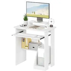 Computer Desk, 30 Inch Compact Desk with Keyboard Tray & Monitor Stand for Space-Saving, Ergonomic Study Desk with Storage Shelves for Writing, Gaming, Working, White Computer Desk, 30 Inch Compact Desk with Keyboard Tray & Monitor Stand for Space-Saving, Ergonomic Study Desk with Storage Shelves for Writing, Gaming, Working, White
