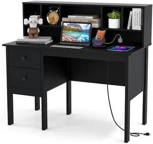 Black Desk with Drawers & Hutch, Modern Home Office Desk with Power Outlets, USB Ports & Type-C, Writing Study Desk with 5-Cubby Hutch, Computer Workstation Makeup Vanity Desk Black Desk with Drawers & Hutch, Modern Home Office Desk with Power Outlets, USB Ports & Type-C, Writing Study Desk with 5-Cubby Hutch, Computer Workstation Makeup Vanity Desk