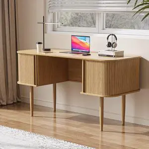 55" Modern Writing Desk with Storage, Wood Home Office Desk with Sliding Doors, Computer Desk for Home Office, Dorm, Living Room, Home Study Table, Natural 55" Modern Writing Desk with Storage, Wood Home Office Desk with Sliding Doors, Computer Desk for Home Office, Dorm, Living Room, Home Study Table, Natural