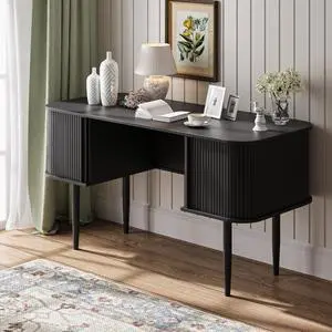55" Modern Writing Desk with Storage, Wood Home Office Desk with Sliding Doors, Computer Desk for Home Office, Dorm, Living Room, Home Study Table, Black 55" Modern Writing Desk with Storage, Wood Home Office Desk with Sliding Doors, Computer Desk for Home Office, Dorm, Living Room, Home Study Table, Black