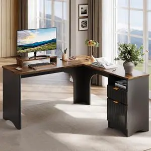 L Shaped Desk with File Drawer, 55.7" x 55" Office Computer Desk with Round Corners, Modern Desk with Monitor Stand & Fluted Panels for Home Office, Black & Rustic Brown L Shaped Desk with File Drawer, 55.7" x 55" Office Computer Desk with Round Corners, Modern Desk with Monitor Stand & Fluted Panels for Home Office, Black & Rustic Brown