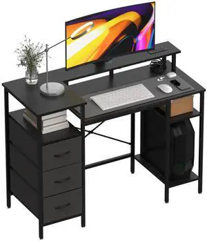47 Inch L-Shaped Computer Desk, Small Computer Gaming Desk with Fabric Drawers & Storage Shelves, Charging Station, Monitor Stand for Home, Office, Black 47 Inch L-Shaped Computer Desk, Small Computer Gaming Desk with Fabric Drawers & Storage Shelves, Charging Station, Monitor Stand for Home, Office, Black